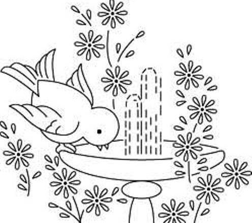 Hand embroidery pattern bird in a fountain