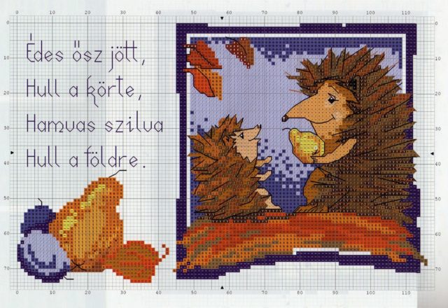 Hedgehog father and hedgehog son with a pear cross stitch pattern