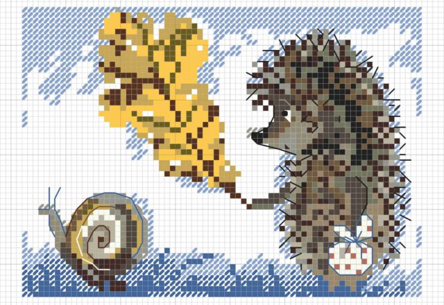 Hedgehog with a snail and autumn leaves