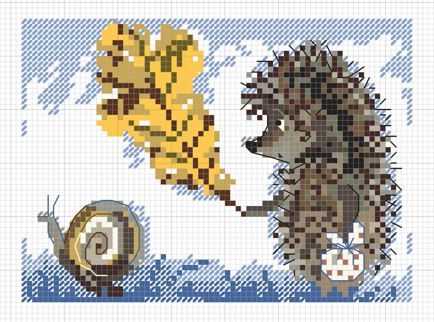 Hedgehog with a snail and autumn leaves