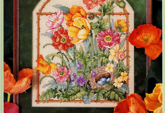 Home cross stitch painting with floral window (1)