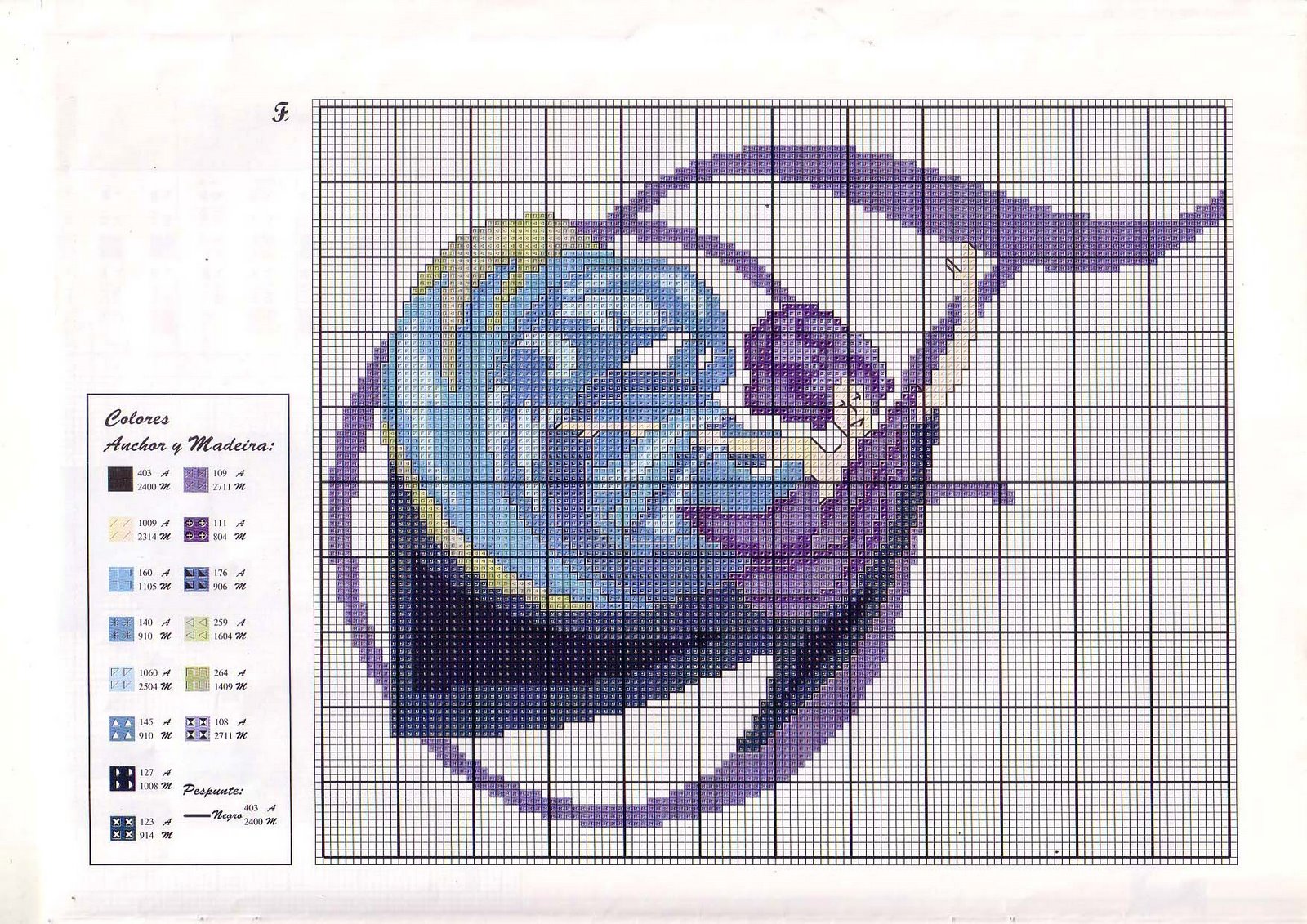 Initial letter F with violet witch