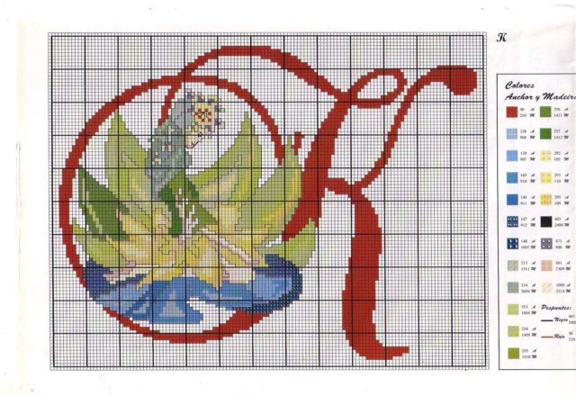 Initial letter K with floral witch