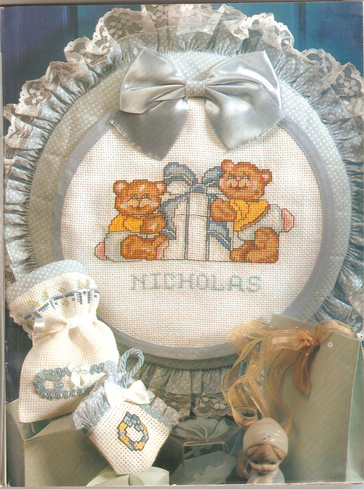 Light blue alphabet and teddy bears baby bib Nicholas was born (2)