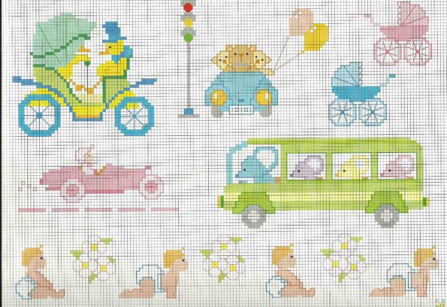 Mice and teddy bears driving cross stitch patterns for baby blanket