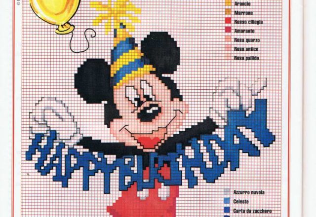 Mickey Mouse with text Happy Birthday cross stitch