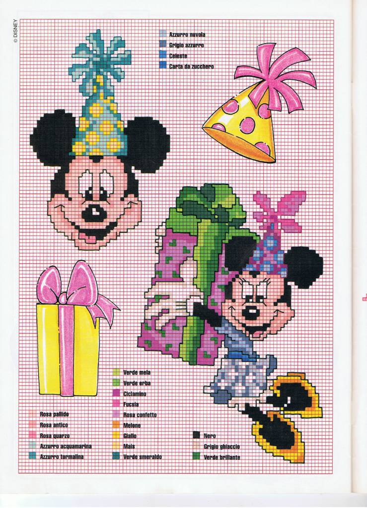 Mickey and Minnie Mouse many presents cross stitch