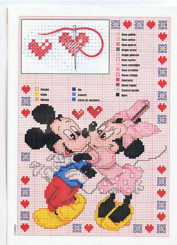 Minnie and Mickey Mouse sweet kiss with many hearts