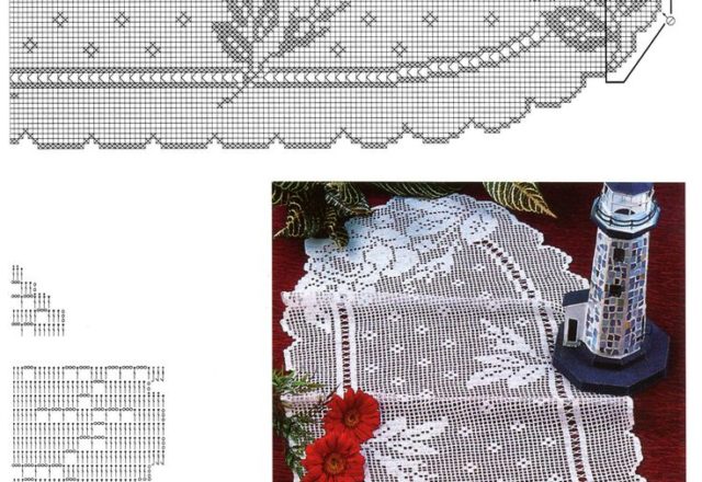 Oval doily filet with a branch of roses and buds