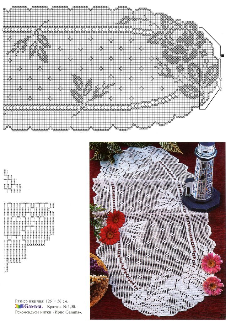 Oval doily filet with a branch of roses and buds