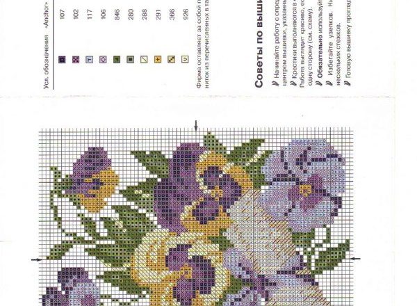 Pansy flowers with scroll cross stitch pattern