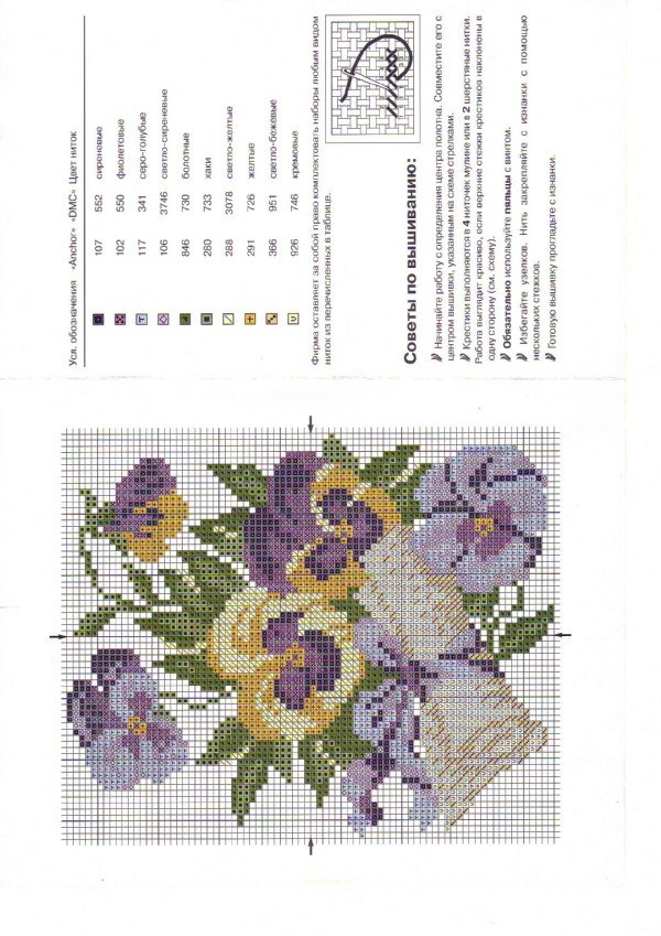 Pansy flowers with scroll cross stitch pattern