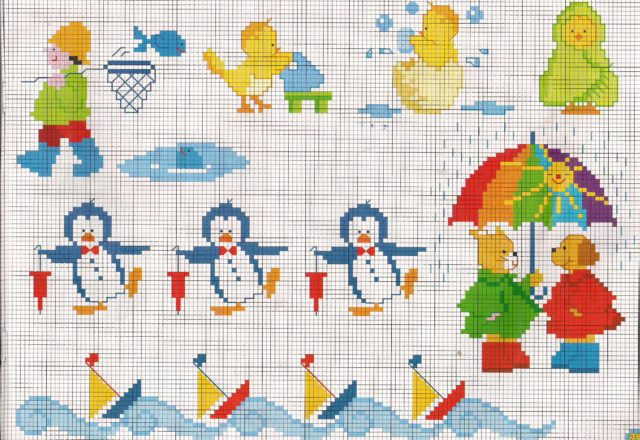 Penguins and ships cross stitch ideas for baby blankets and cot sheets