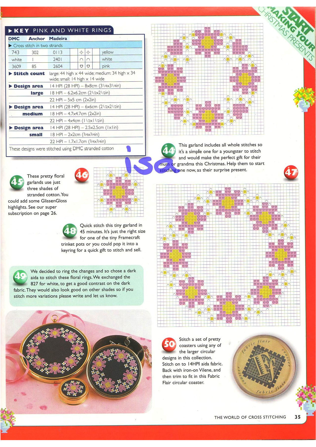 Pink and white flower rings cross stitch pattern