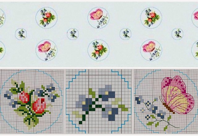 Pink flowers and butterflies cross stitch patterns