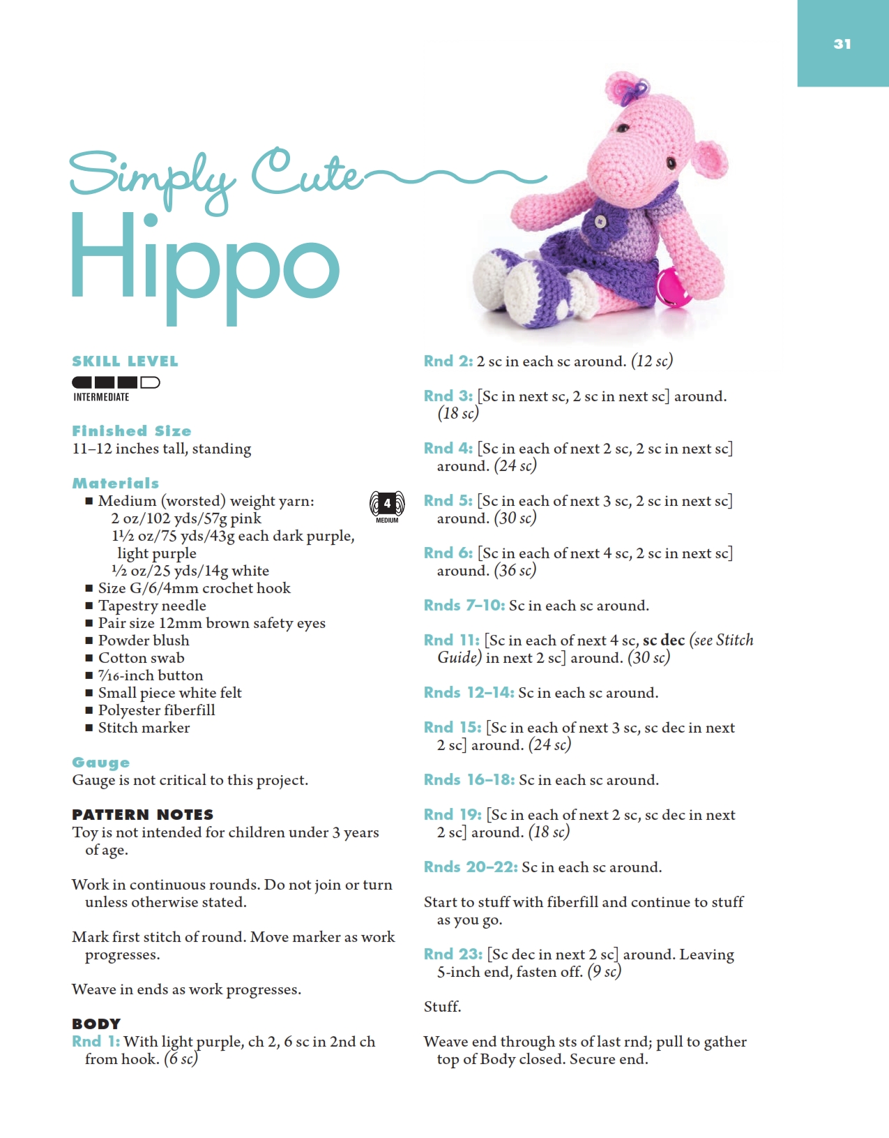 Pink hippo with dress amigurumi pattern (1)