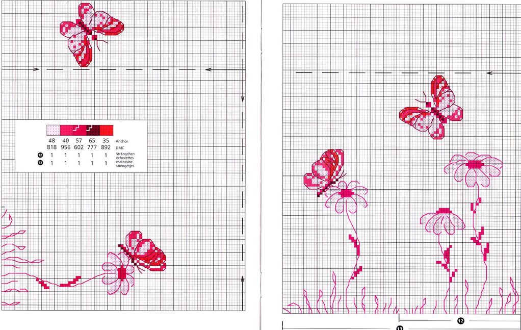Pink shades butterflies on daisy flowers cross stitch pattern