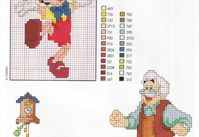 Pinocchio Mister Geppetto and clock cross stitch patterns