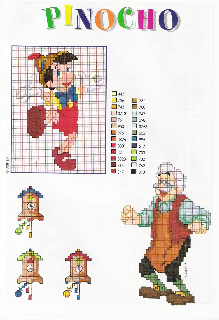 Pinocchio Mister Geppetto and clock cross stitch patterns