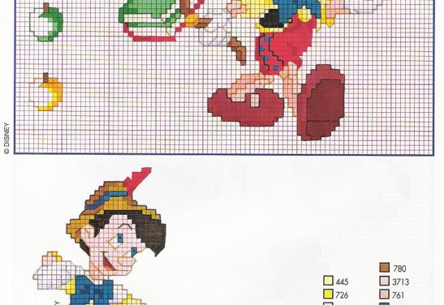 Pinocchio with apples and spelling book