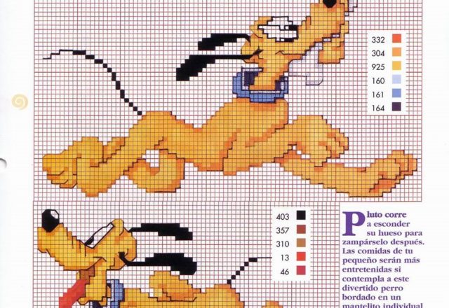 Pluto is running with a bone cross stitch pattern