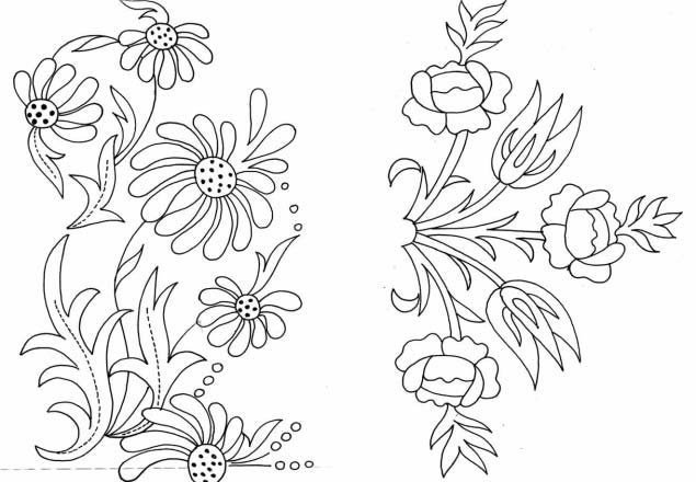 Poppies and daisy flowers free hand embroidery design