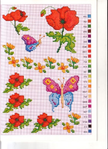 Poppy, flowers and butterfly cross stitch pattern