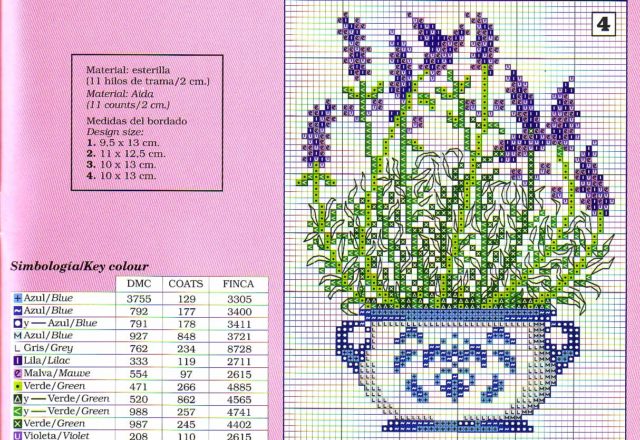 Pot of lavender flowers cross stitch pattern