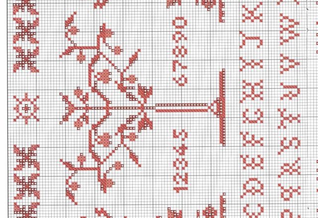Red cross stitch sampler with various shapes and symbols (2)