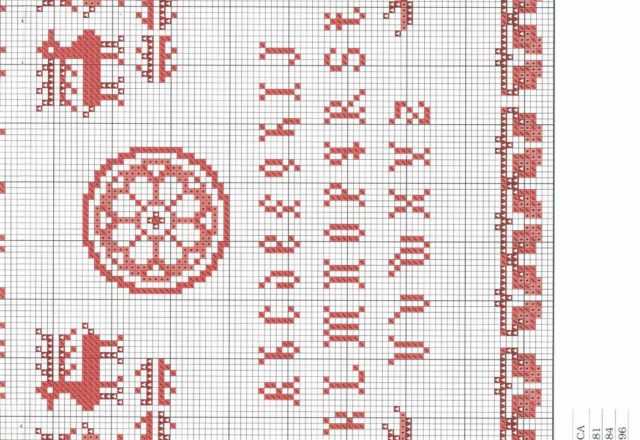 Red cross stitch sampler with various shapes and symbols (3)