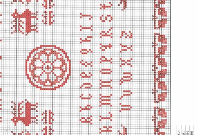 Red cross stitch sampler with various shapes and symbols (3)