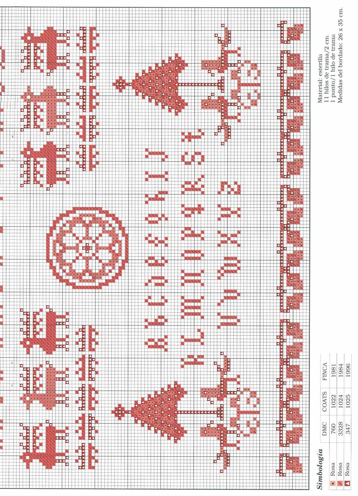 Red cross stitch sampler with various shapes and symbols (3)