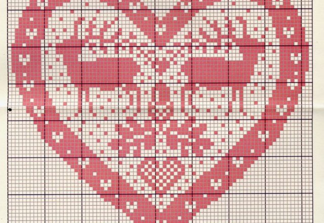 Red heart with reindeer cross stitch pattern