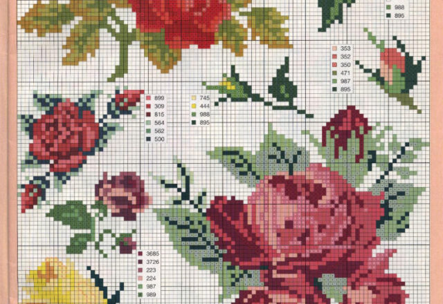 Red, yellow rosebuds cross stitch pattern