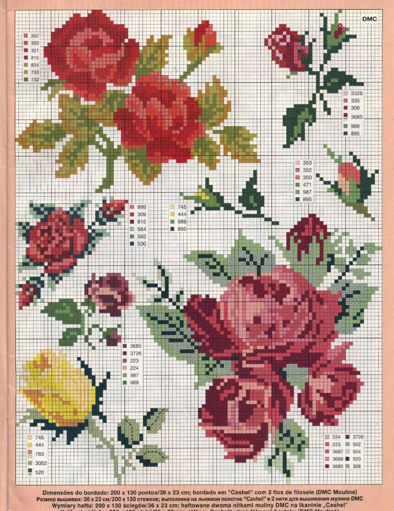 Red, yellow rosebuds cross stitch pattern