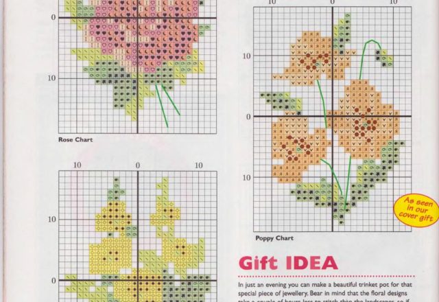 Rose, hollycock and poppy flower cross stitch pattern