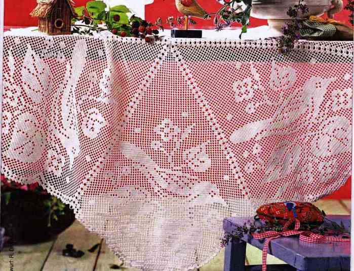 Round crochet filet design table cloth with sparrows birds (1)