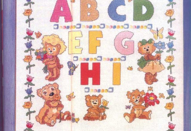 Sampler with teddy bears with letters from A to I (1)