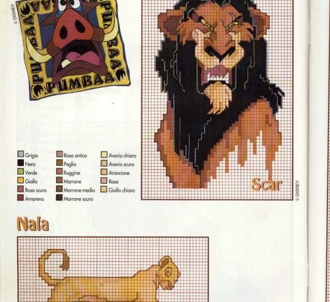 Scar and Nala cross stitch patterns