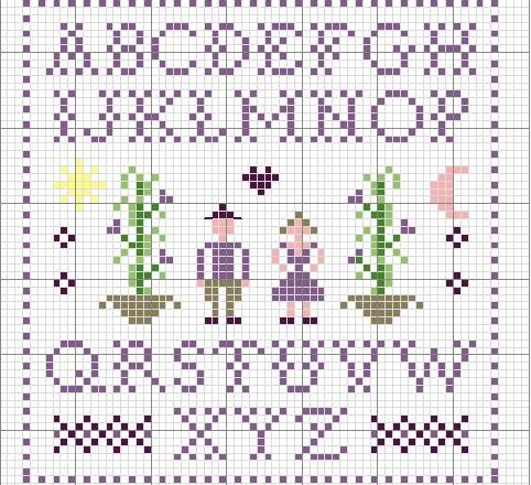 Simple cross stitch alphabet purple letters