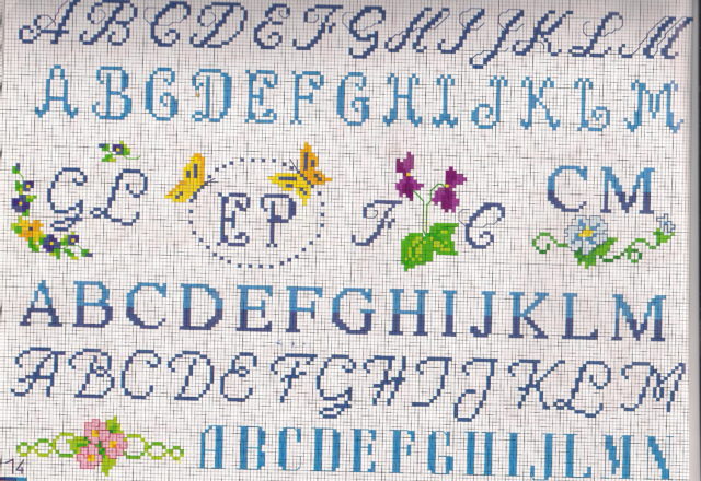 Small cross stitch alphabet porthole with butterflies