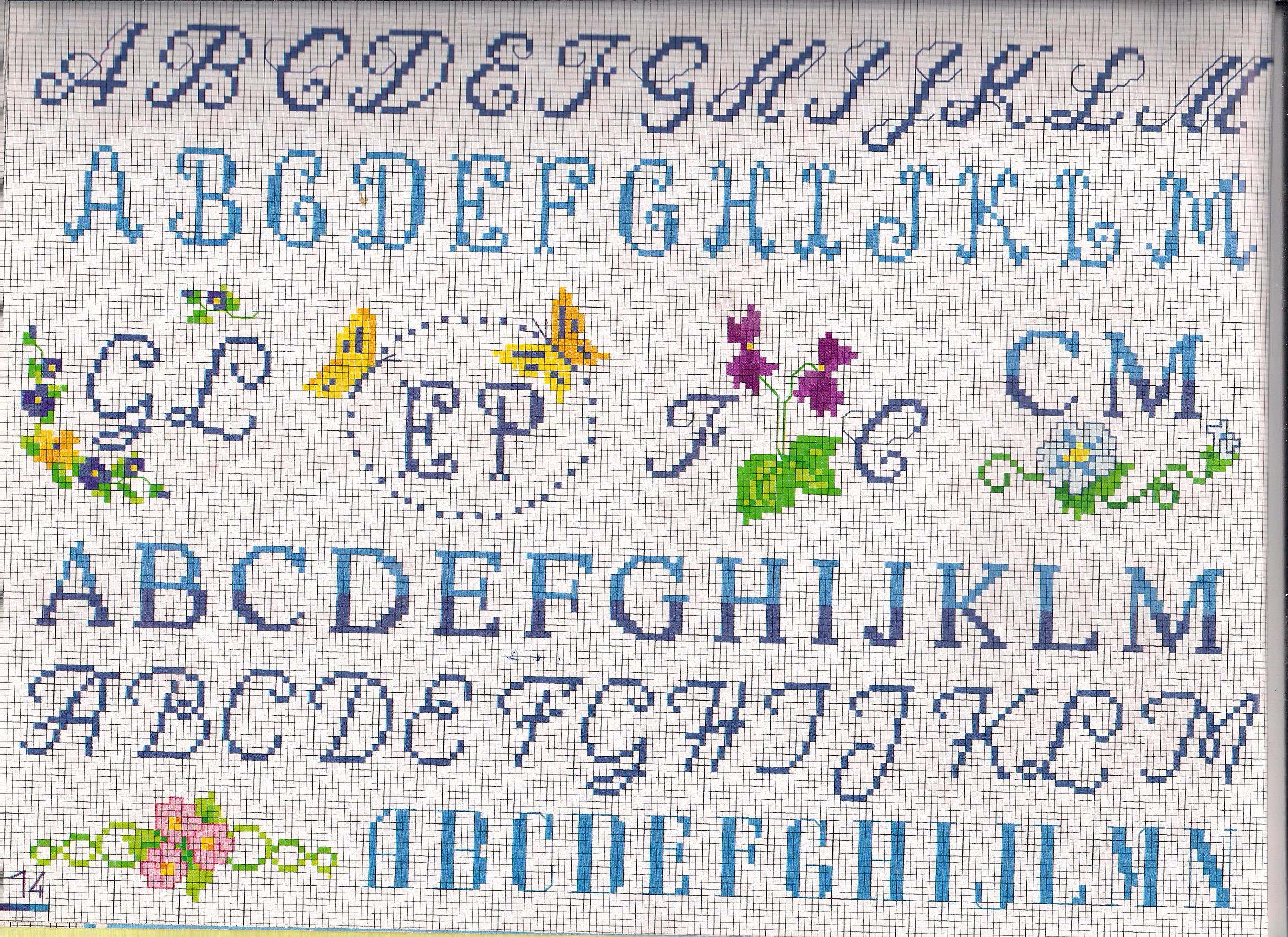 Small cross stitch alphabet porthole with butterflies
