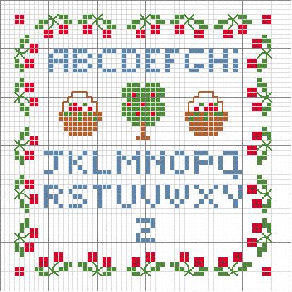 Small cross stitch alphabet with apples and baskets