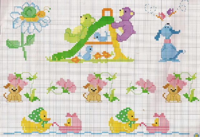 Small cross stitch patterns animals and children playing with a slide