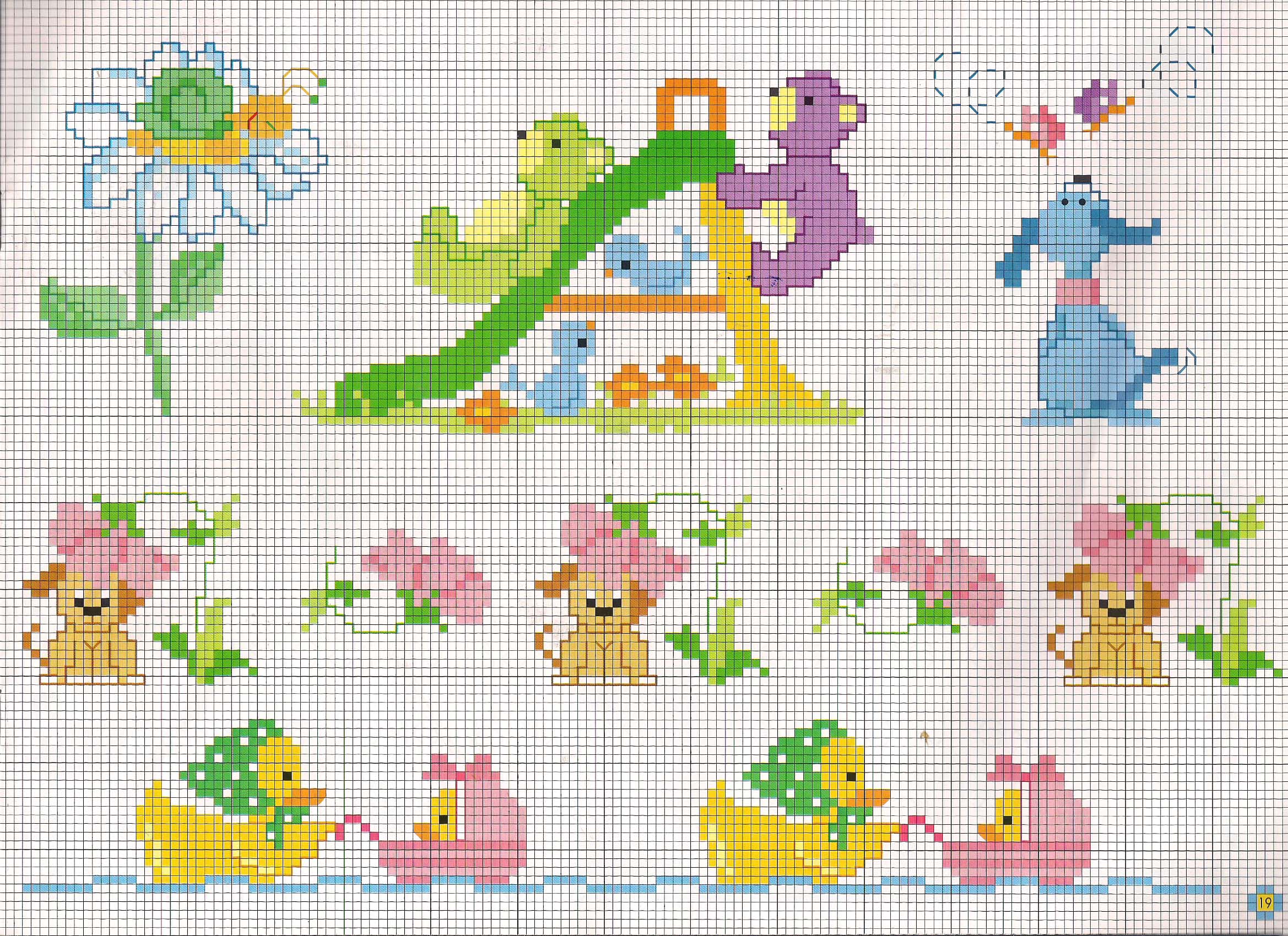 Small cross stitch patterns animals and children playing with a slide
