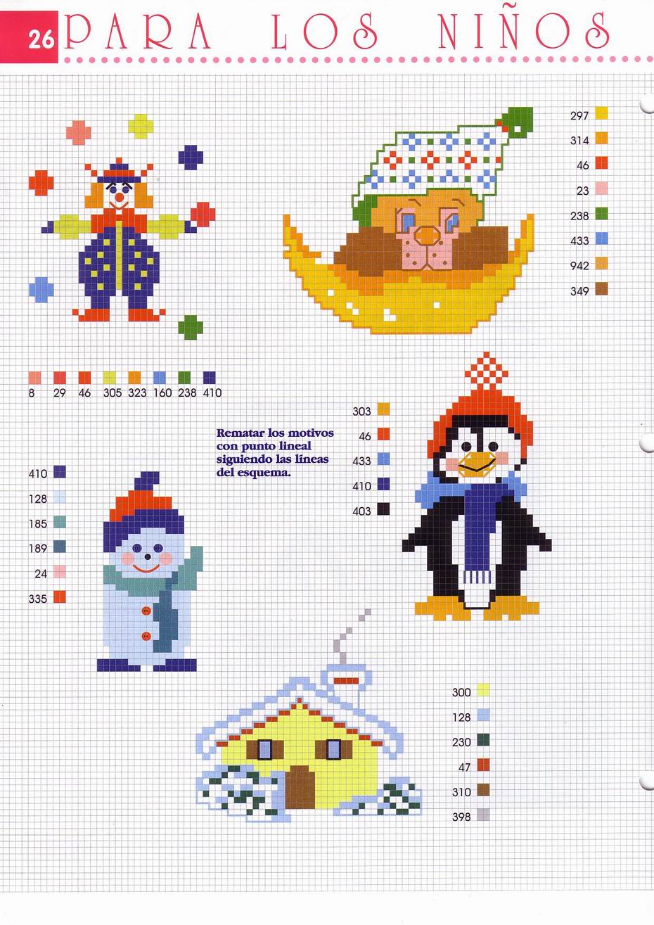 Small cross stitch patterns penguin clown puppy dog on the moon