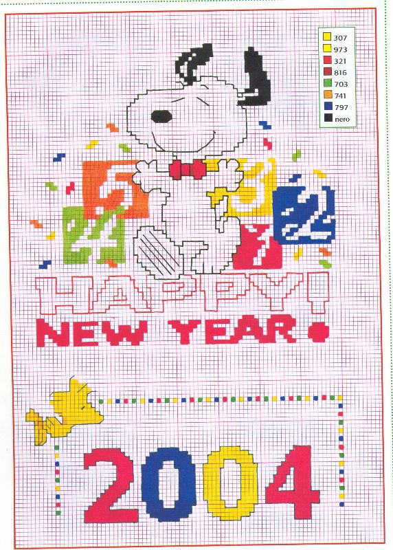 Snoopy Woodstock Happy New Year cross stitch pattern