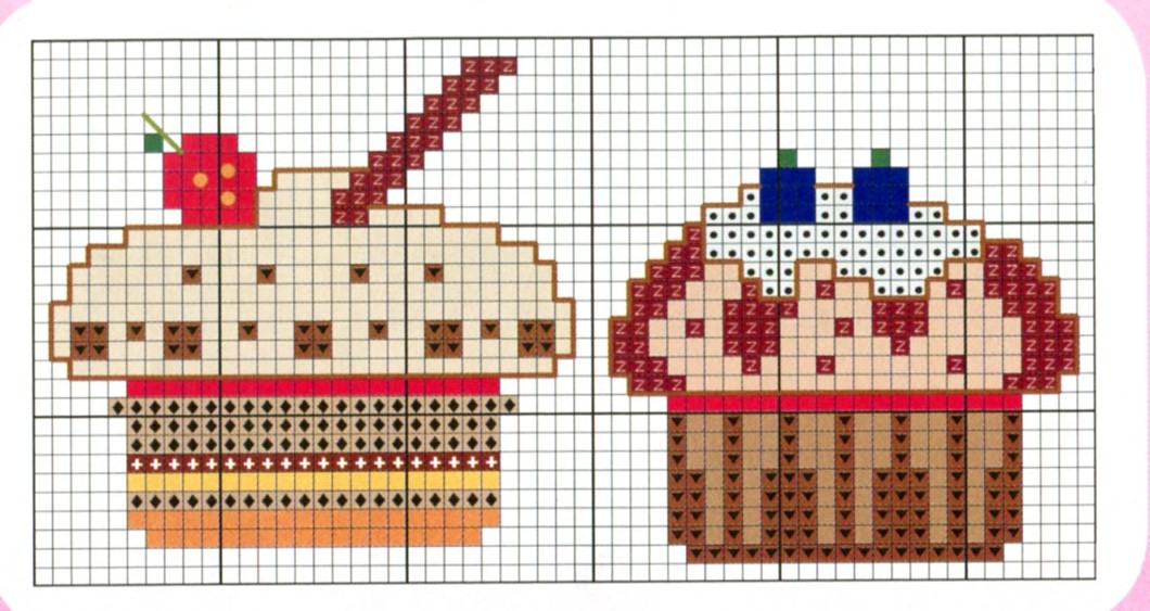 Strawberry and blueberries cupcakes cross stitch pattern