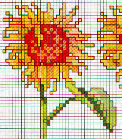 Sunflower with leaves cross stitch pattern