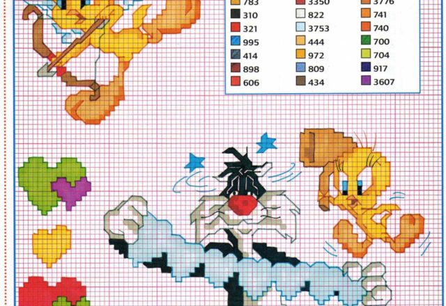 Sylvester and Tweety with small hearts cross stitch patterns